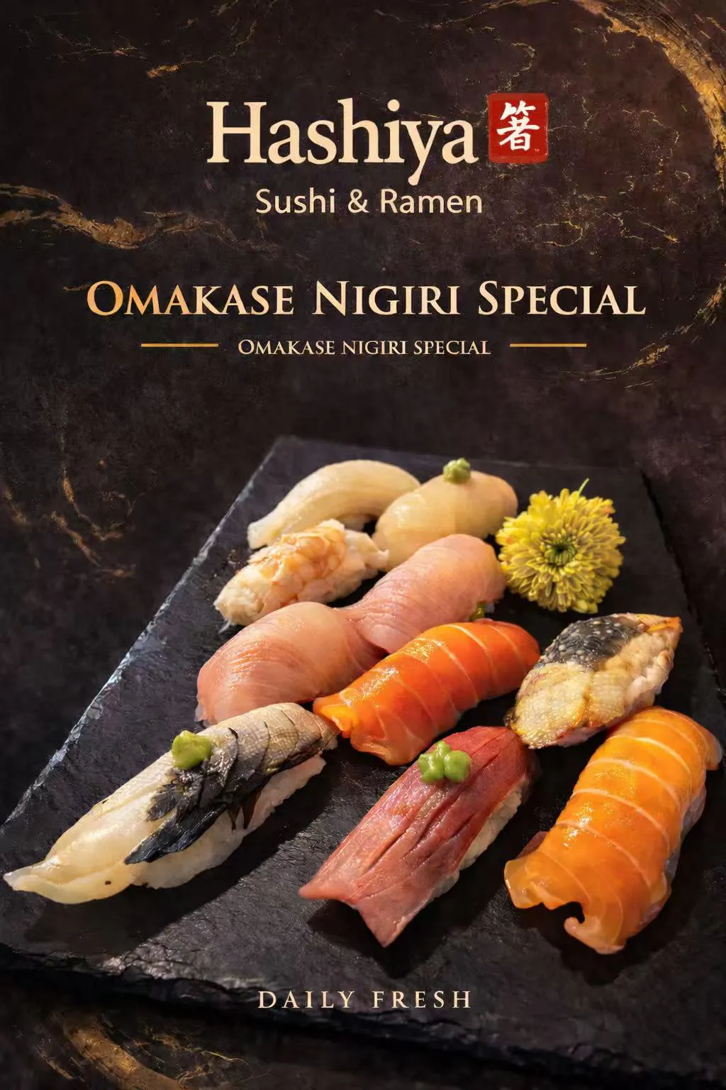 Omakase nigiri special menu poster at Hashiya Sushi & Ramen, a Japanese Restaurant in Danville